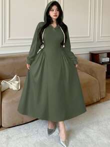 Modelyn 女士休闲连帽抽绳修身喇叭下摆灰色卫衣，秋冬款 - 軍綠色 - 查看 6