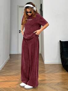 Muchica Women's Casual Fashion Street Style Everyday Commute Wine Red Washed Letter Embroidery Drop Shoulder Loose T-Shirt And Wide Leg Pants Set, Spring/Summer/Autumn Loungewear Women Two Piece Set Women Comfy 2 Piece Lounge Sets Woman Lounge Wear 2 Piece Casual Sets Woman - Burgundy - View 6