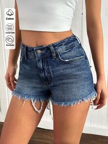 EURMUSE Short en jean mini taille basse avec détails lavés - Jean bleu - Voir 1