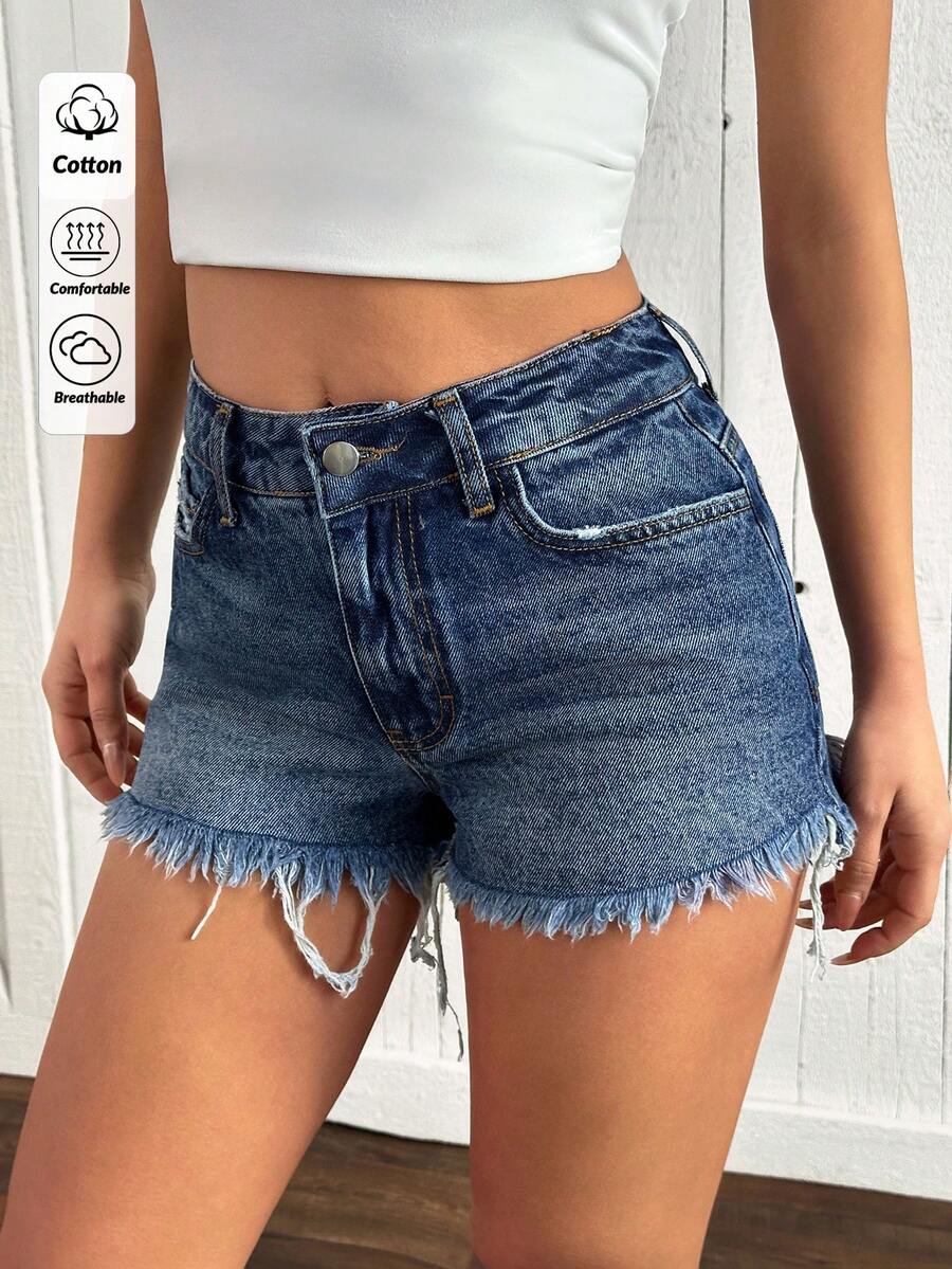 EURMUSE Short en jean mini taille basse avec détails lavés - Jean bleu - Voir 1