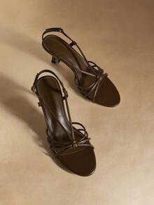 Rosivie 女士新款圆头细带优雅2.8英寸高跟凉鞋，春夏款 - 咖啡棕 - 查看 1