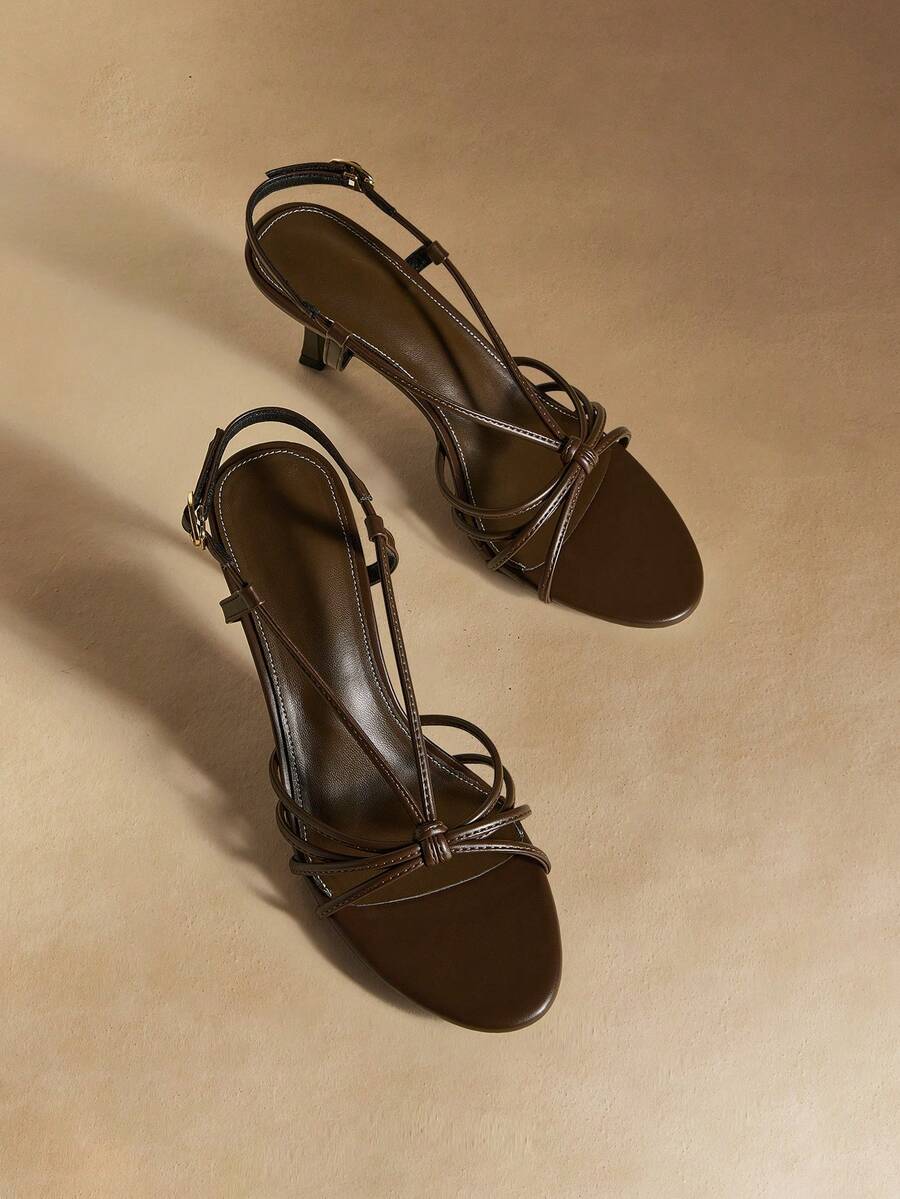 Rosivie 女士新款圆头细带优雅2.8英寸高跟凉鞋，春夏款 - 咖啡棕 - 查看 1