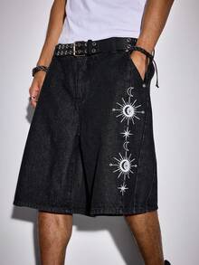 ROMWE MEN Street Life Men's Star & Moon Embroidery Pocket Loose Casual Denim Shorts - Black - View 5