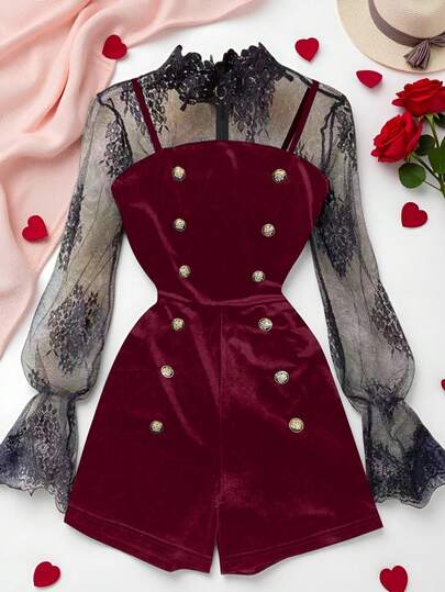 GlowEve Combinaison femme élégante à manches longues noires, ornée de dentelle et de boutons dorés, collection printemps/été