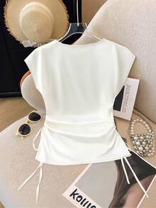 GlowEve Women's V-Neck Short Sleeve Fitted Waist Drawstring Tie Design Satin Elegant Birthday Party Wedding Outfit Chic Commute Date Fashion New White Blouse - Beige - View 2
