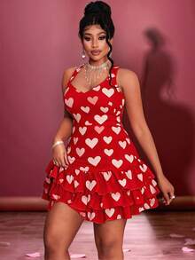 Maweii Plus Size Women's Elegant Party, Back To School, Music Festival, Valentine's Day Date Night Vacation Dress, Asymmetric Heart Patchwork, High-End Design Flared Skirt, V-Neck, Waist Cinching, Sleeveless, Versatile, Music Festival Fitted DressValentine's Day