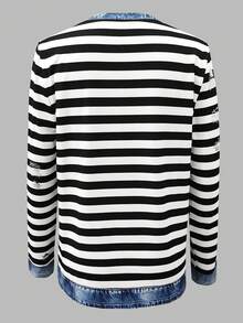 EMERY ROSE Randig t-shirt med lång ärm och lappmönster för kvinnor, avslappnad - Multifärgad - Visa 2