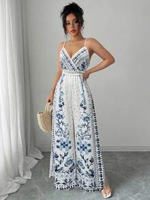 Rafferiza Bộ jumpsuit ống rộng, eo ren thanh lịch dành cho nữ, jumpsuit dự tiệc cưới, jumpsuit mùa hè, jumpsuit in hoa, jumpsuit phong cách boho, jumpsuit đi nghỉ mát, trang phục bohemian cho nữ, jumpsuit thanh lịch cho nữ, trang phục dài đi biển cho nữ. - Màu xanh lam - Xem 6