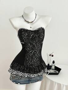 Elamini Áo quây ren họa tiết da báo thanh lịch dành cho nữ - màu đen - Xem 4