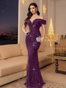 Coutiva Autumn Winter Elegant Sequin Positioning Splicing One-Shoulder Ruffle Hem Slim Mermaid Skirt Formal Evening Dress,Party,Wedding Guest,Graduation - Dark Purple - View 6