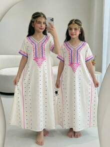 SHEIN 少女睡衣 - 刺绣睡裙，奶油色、粉色、紫色，短袖V领，夏季睡衣，假日必备，轻盈宽松家居服，派对礼物，少女休闲度假日常 - 杏色 - 查看 1