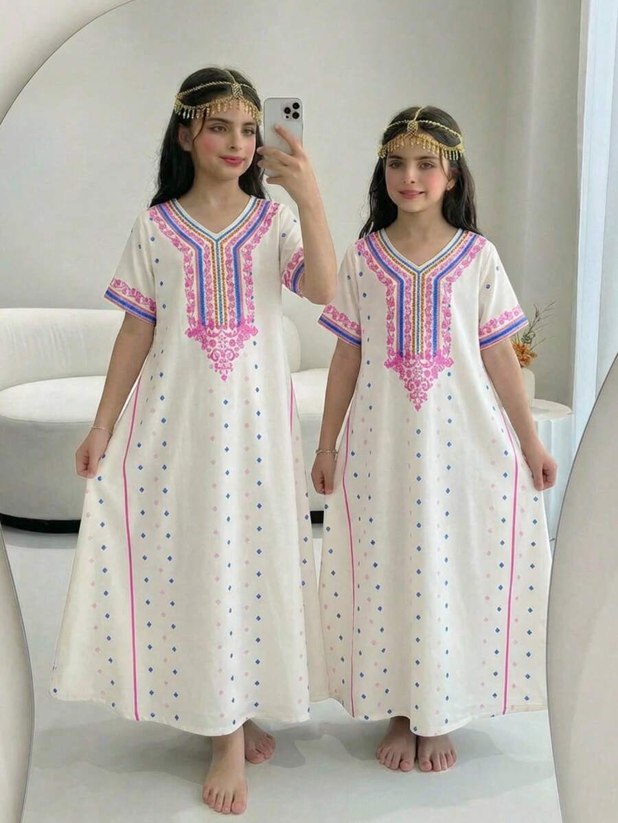 SHEIN 少女睡衣 - 刺绣睡裙，奶油色、粉色、紫色，短袖V领，夏季睡衣，假日必备，轻盈宽松家居服，派对礼物，少女休闲度假日常 - 杏色 - 查看 1