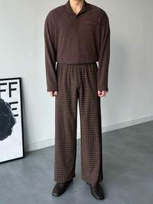 DAZY Brown Patchwork Collar Men's Shirt And Plaid Pants Suit Set, Spring/Autumn