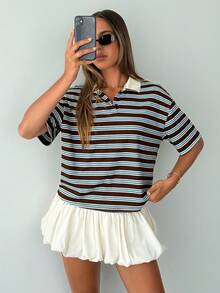Aloruh Women's Casual Oversized Polo Collar Blue And White Striped T-Shirt,Spring, Going Out Top,Back To School, Retro Casual Style - Multicolor - View 5