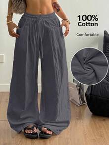 Coolane 女士夏季极简波西米亚风度假休闲基础款日常穿搭亚麻舒适低腰宽松裤 - 灰色 - 查看 7
