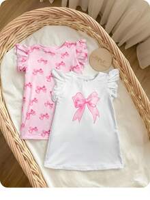 SHEIN 2件組女嬰針織圓領荷葉邊蝴蝶結裝飾休閒洋裝與連身褲套裝，粉色幼童洋裝蝴蝶結套裝，女嬰 - 彩色 - 查看 7