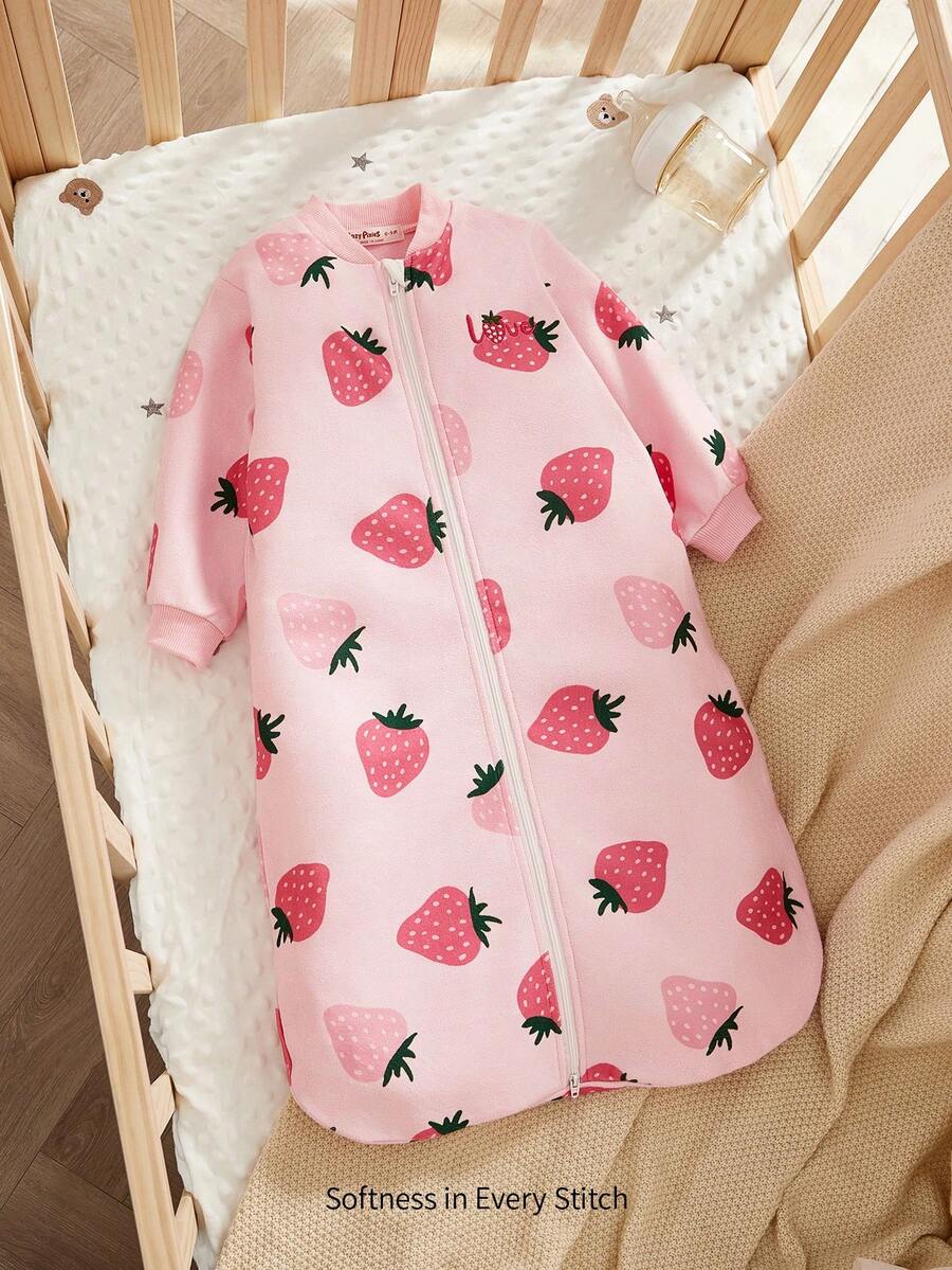 Cozy Pixies 1 pieza Saco de dormir de manga larga delgado con patrón de bordado de fresas para bebé, adecuado para uso en primavera y verano - Rosa - Ver 1