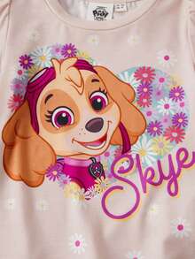 SHEIN | PAW Patrol 少女休闲度假户外日常通勤可爱卡通狗和花卉印花荷叶边袖T恤和裤子套装，春秋季 - 杏色 - 查看 6