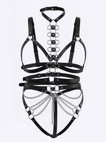 AltCore Plus Size 3-Piece Leather Decor Lingerie Set - Black - View 3