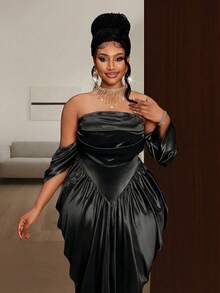 Maweii 大码女士优雅性感派对礼服，高端褶皱单肩修身无肩带塔夫绸茧型香槟色派对礼服，优雅派对礼服 - 黑色 - 查看 1