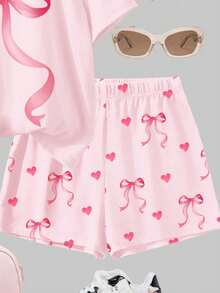 2pcs/Set Tween Girls' Casual Minimalist Heart & Bow Print Short Sleeve Round Neck T-Shirt And Shorts Set, Suitable For Spring/Summer Daily Wear, Home, School - Multicolor - View 6