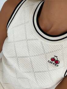 INAWLY Women's Casual Daily Cherry Embroidery Striped Patchwork Knit Dress - White - View 5