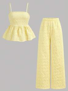 SHEIN Teen Girl Casual Vacation Spaghetti Strap Yellow Textured Print Camisole And Long Pants 2 Pieces Set - Yellow - View 6