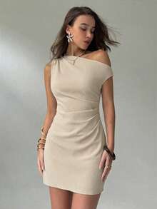 Aloruh Women's Oblique Shoulder Waist Ruched Minimalist Elegant Commuter Dress - Apricot - View 3