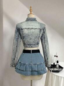 Elamini Áo khoác denim nữ dáng ngắn, thời trang thường ngày, kiểu dáng đường phố, có túi nắp gập cài khuy. - Màu xanh bụi bặm - Xem 2