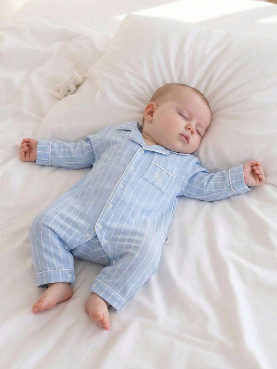 新生儿连体衣，蓝白条纹，前口袋，刺绣马图案，翻领，长袖，长裤，连体裤，爬行服，家居服 - 淺藍色 - 查看 1