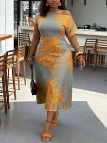 Slaydiva Đầm maxi dáng chữ A ôm sát, vai bất đối xứng, eo nhún, in hoa, chất liệu vải dệt kim, cỡ lớn, thích hợp cho mùa Xuân/Hè, thanh lịch, dự tiệc, hẹn hò, tụ họp, lễ hội, tiệc sinh nhật, mùa cưới, mùa tốt nghiệp, dạ hội, lễ hội âm nhạc, đêm hội con gái, buổi tối hẹn hò. - Nhiều màu - Xem 3