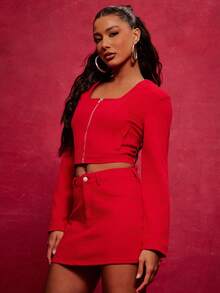 NYA SZN Matching Set (Jacket & Skirt) Jacket Long Sleeve Cropped Zipper Detail Fitted Mini Skirt Bodycon Lace Up Denim Red Festival Holiday Carnival Cool Girl Eve Winter Spring Streetwear Y2K Outfits For Women - Red - View 4
