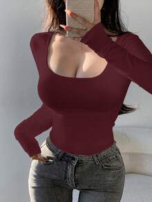 DAZY Women's Solid Color Square Neck Casual Versatile Daily Wear Long Sleeve T-Shirt Y2k - Burgundy - View 6