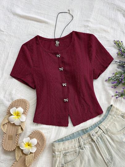 Soleia 女士新款纯色圆领优雅蝴蝶结金属纽扣短袖衬衫