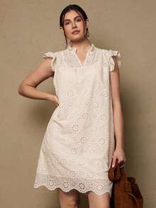 SHEIN VCAY 大码女式镂空刺绣V领短袖休闲连衣裙 - 卡其色 - 查看 4