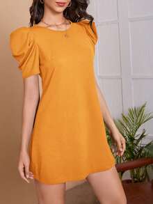 SHEIN Clasi 女士纯色圆领休闲日常约会派对迷你连衣裙 - 黃色 - 查看 5