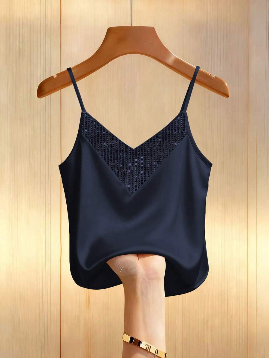 Franclia Summer Casual Solid Color Sequin Patchwork Camisole - Navy Blue - View 1