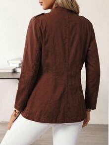 EMERY ROSE Plus Size Women's Long Sleeve Single-Breasted Casual Denim Jacket - Coffee Brown - View 2