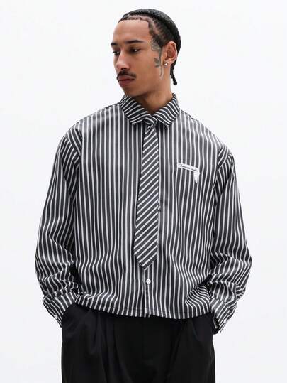 SUMWON 男士竖条纹纽扣衬衫，翻领，长袖，专业办公商务正装衬衫