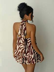 Aloruh Đầm ngắn nữ màu nâu in họa tiết sọc báo, thích hợp cho các buổi đi chơi, hẹn hò, đi làm, đi biển, nghỉ mát, phong cách thanh lịch. - Nhiều màu - Xem 2