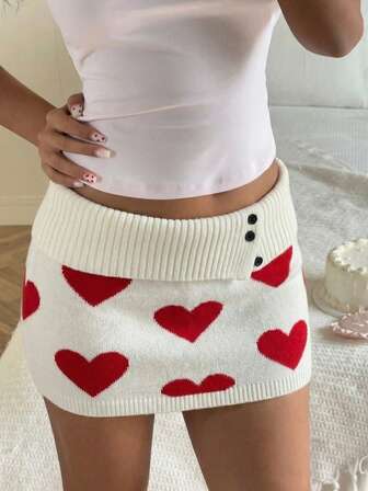 Almamuse Women's Early Spring New Romantic Valentine's Day Vibe Heart Jacquard Versatile Fashionable Contrast Color Low Waist Ribbed Waistband Black Button Fitted Bodycon Mini Skirt