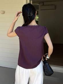 DAZY Blusa casual de verano con cuello en V, manga corta y botones delanteros, de unicolor simple para uso diario y trayectos - Morado - Ver 5