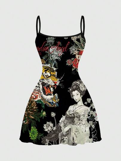 ROMWE Avant 朋克虎女图案中国书法菊花玫瑰莲花豹纹迷你连衣裙，夏季款