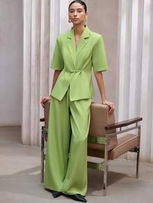 Aveloria Modichic بدلة عمل أنيقة وعصرية: بليزر قصير الأكمام مع تصميم حزام خصر رفيع، مقترن مع بنطال فضفاض واسع الساق - أخضر - مشاهدة 4