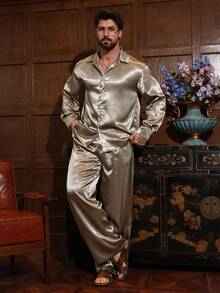 DAZY 男士金色缎面长袖衬衫长裤套装，度假休闲风，春夏款 - 金色 - 查看 4