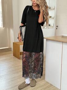 Easowa Áo thun nữ cổ tròn tay ngắn màu trơn dáng rộng phối ren, trang phục thời trang đi chơi và đi làm, 95% cotton, thoải mái, thích hợp cho ngày Valentine, phong cách thường ngày. - màu đen - Xem 9