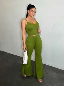 SHEIN SXY Women's Sexy Contrast Lace Slim Fit Camisole And Flare Leg Pants Set, Summer - Green - View 5