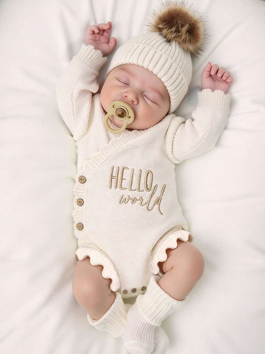 Knitted "Hello World"Embroidery Newborn Baby Romper With Matching Pom Hat Baby Announcement Bodysuit Infant Photography Props Beige Baby Coming Home Outfit Baby Boy Baby Girl Newborn Photography Outfits Boys Newborn Photoshoot Outfit Newborn Costume Hello World Newborn Outfit Newborn Knit Outfit - Apricot - View 1