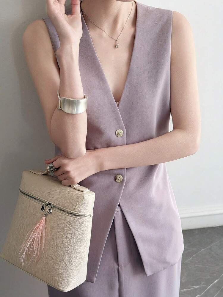 Women's Solid Color Single-Breasted Vest And Midi Skirt Elegant 2 Pieces Set Summer