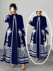 Elenzga Đầm dài dáng suông họa tiết hoa vintage cỡ lớn, đầm dáng suông thanh lịch họa tiết hình học cỡ lớn, thích hợp cho phụ nữ công sở mặc vào mùa thu. - Màu xanh lam - Xem 3